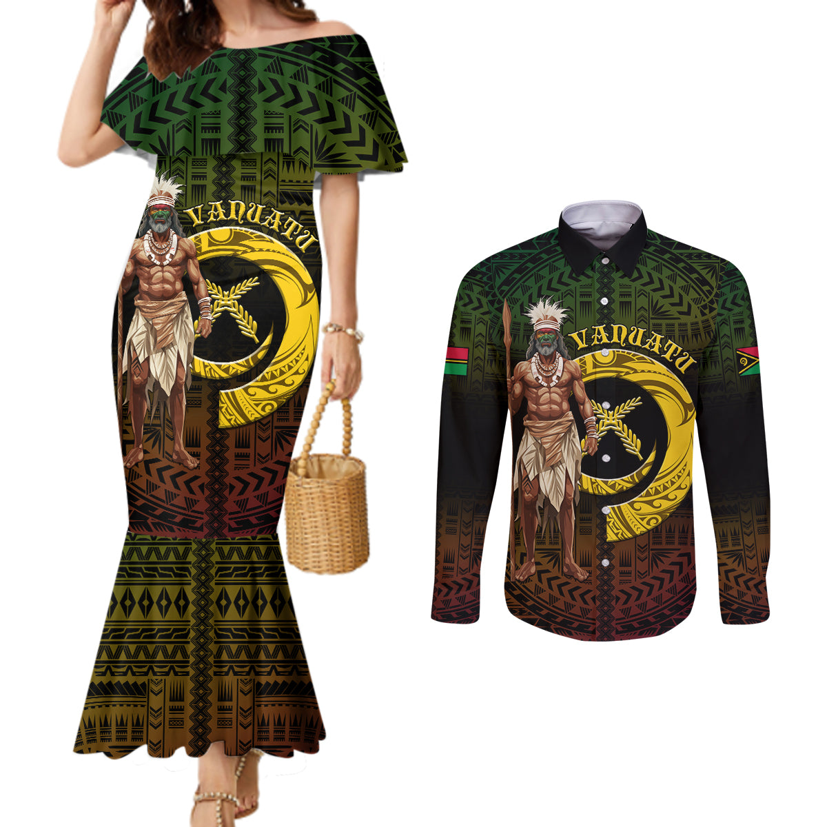 Personalised Vanuatu Custom Chiefs Day Couples Matching Mermaid Dress and Long Sleeve Button Shirt Pig Tusk Simple Style LT05 Black - Polynesian Pride