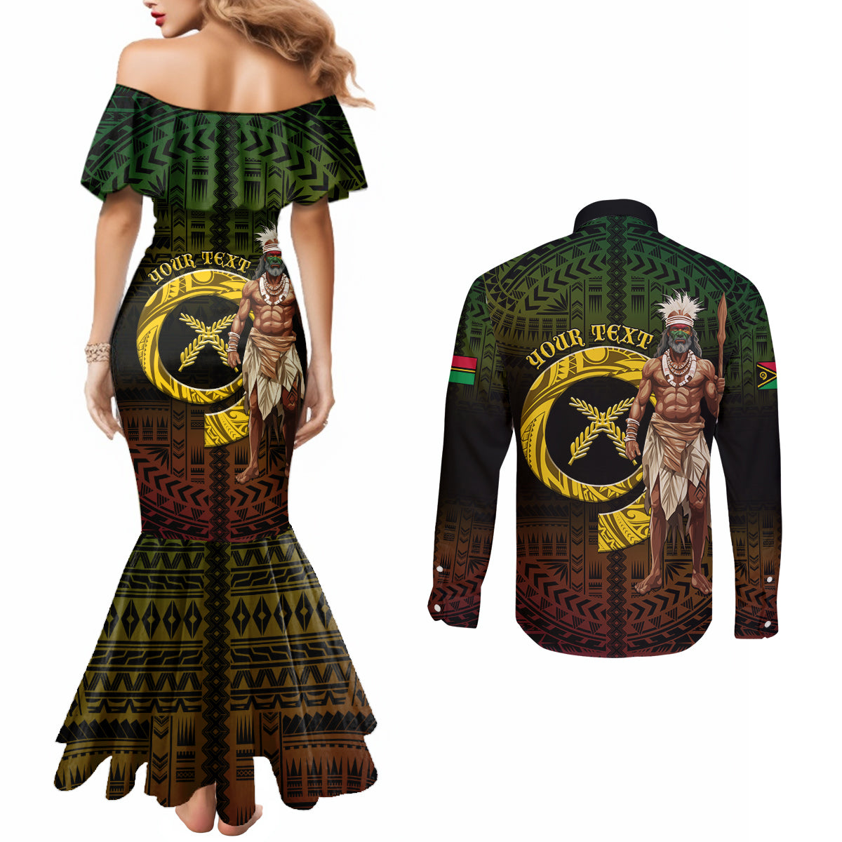 Personalised Vanuatu Custom Chiefs Day Couples Matching Mermaid Dress and Long Sleeve Button Shirt Pig Tusk Simple Style LT05 - Polynesian Pride