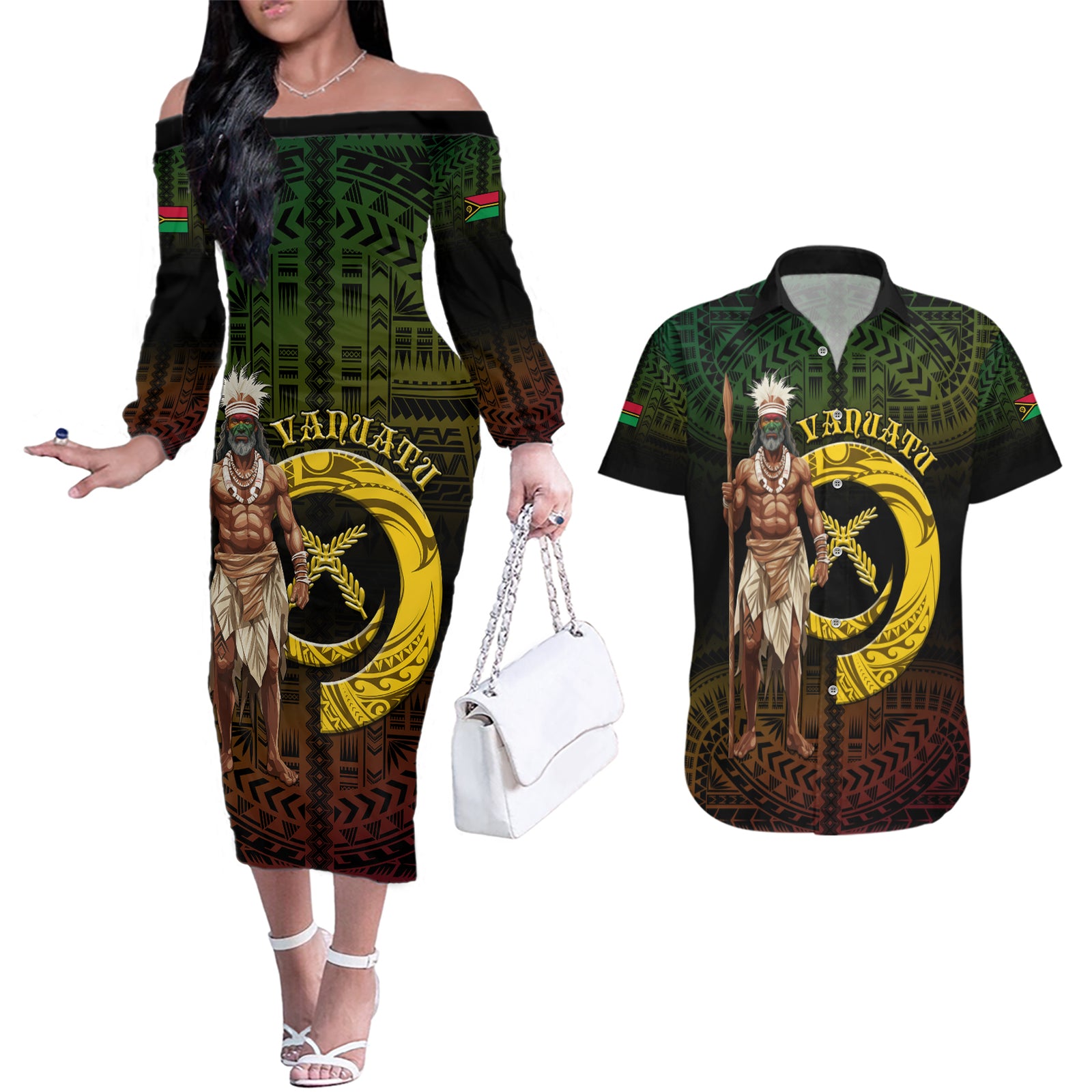 Personalised Vanuatu Custom Chiefs Day Couples Matching Off The Shoulder Long Sleeve Dress and Hawaiian Shirt Pig Tusk Simple Style LT05 Black - Polynesian Pride