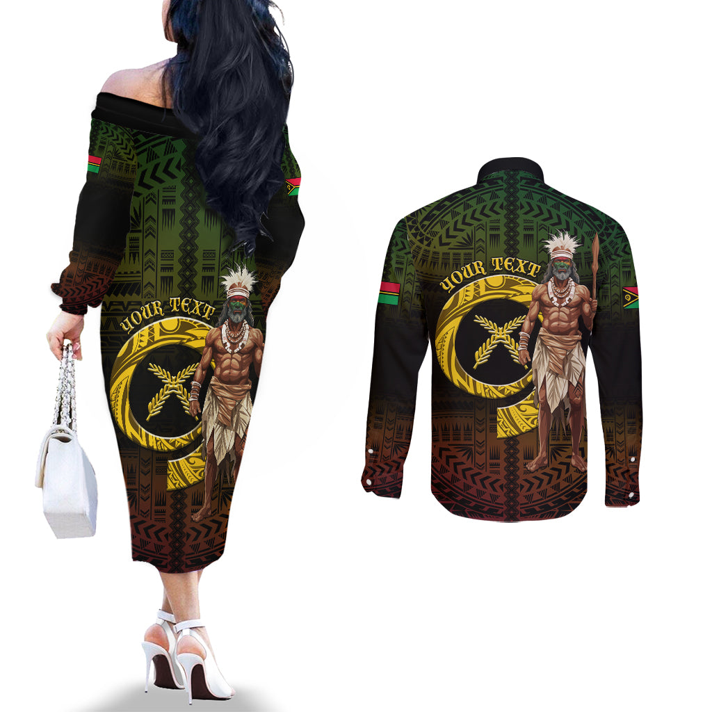 Personalised Vanuatu Custom Chiefs Day Couples Matching Off The Shoulder Long Sleeve Dress and Long Sleeve Button Shirt Pig Tusk Simple Style LT05 - Polynesian Pride