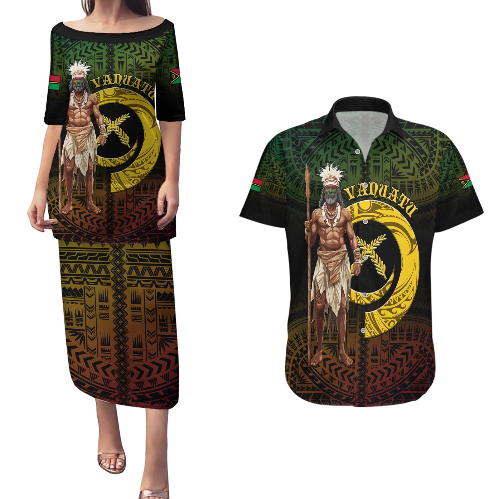 Personalised Vanuatu Custom Chiefs Day Couples Matching Puletasi and Hawaiian Shirt Pig Tusk Simple Style LT05 Black - Polynesian Pride