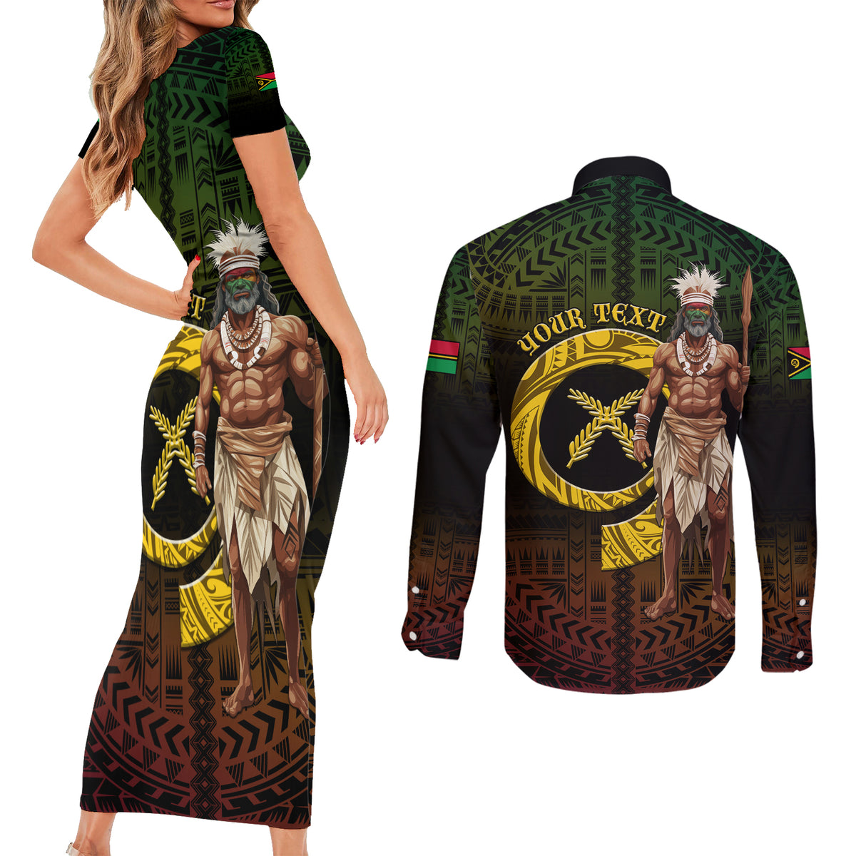 Personalised Vanuatu Custom Chiefs Day Couples Matching Short Sleeve Bodycon Dress and Long Sleeve Button Shirt Pig Tusk Simple Style LT05 - Polynesian Pride