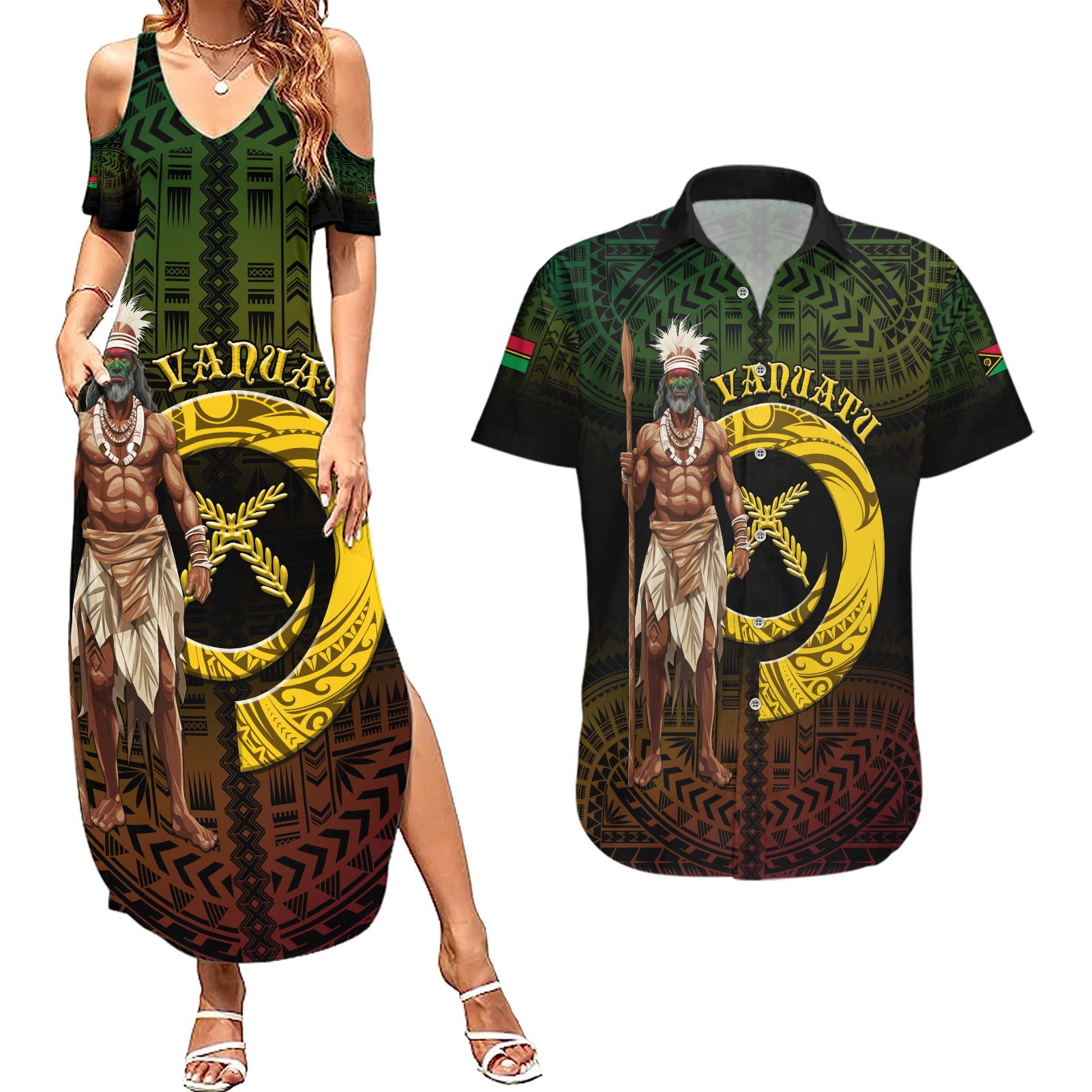 Personalised Vanuatu Custom Chiefs Day Couples Matching Summer Maxi Dress and Hawaiian Shirt Pig Tusk Simple Style LT05 Black - Polynesian Pride