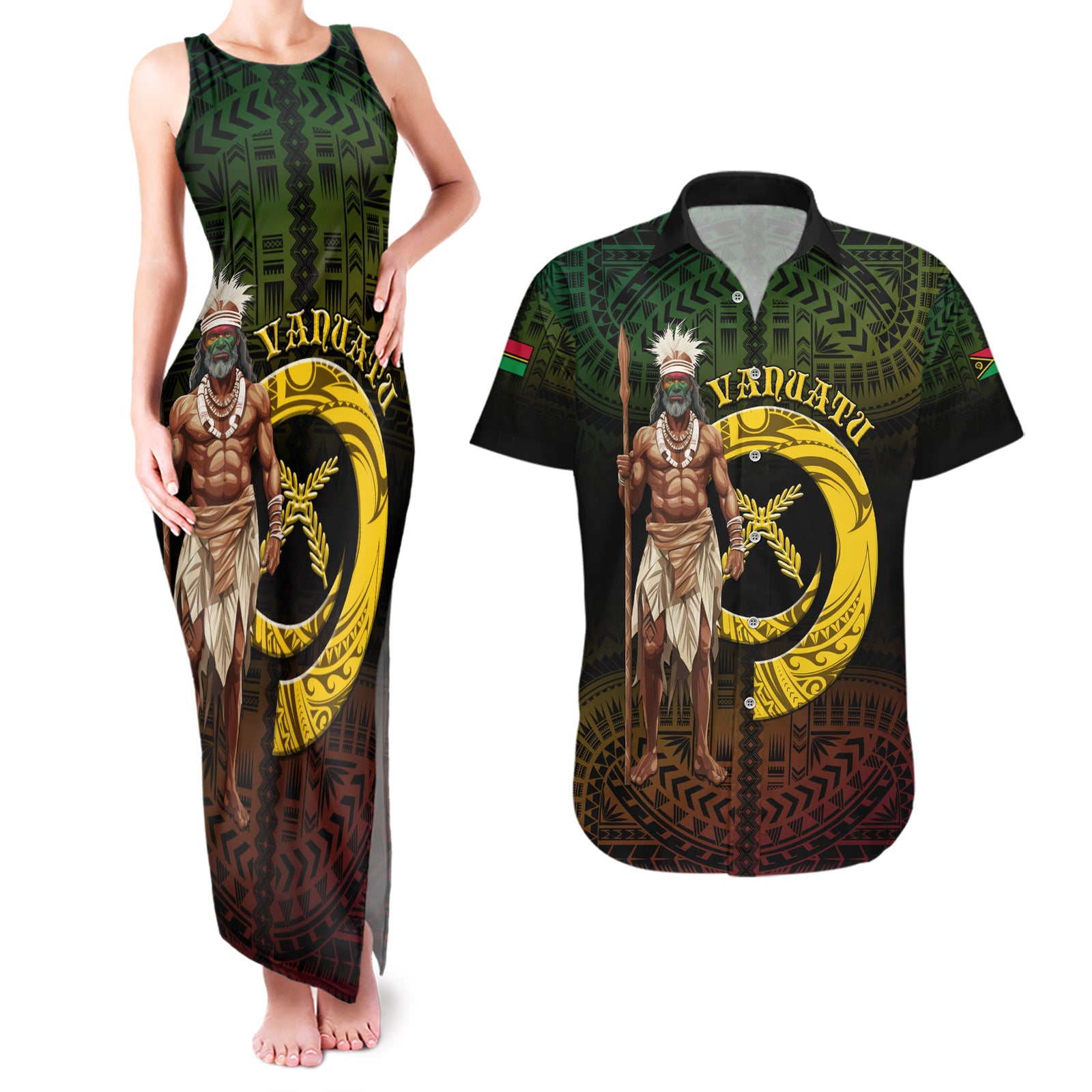 Personalised Vanuatu Custom Chiefs Day Couples Matching Tank Maxi Dress and Hawaiian Shirt Pig Tusk Simple Style LT05 Black - Polynesian Pride