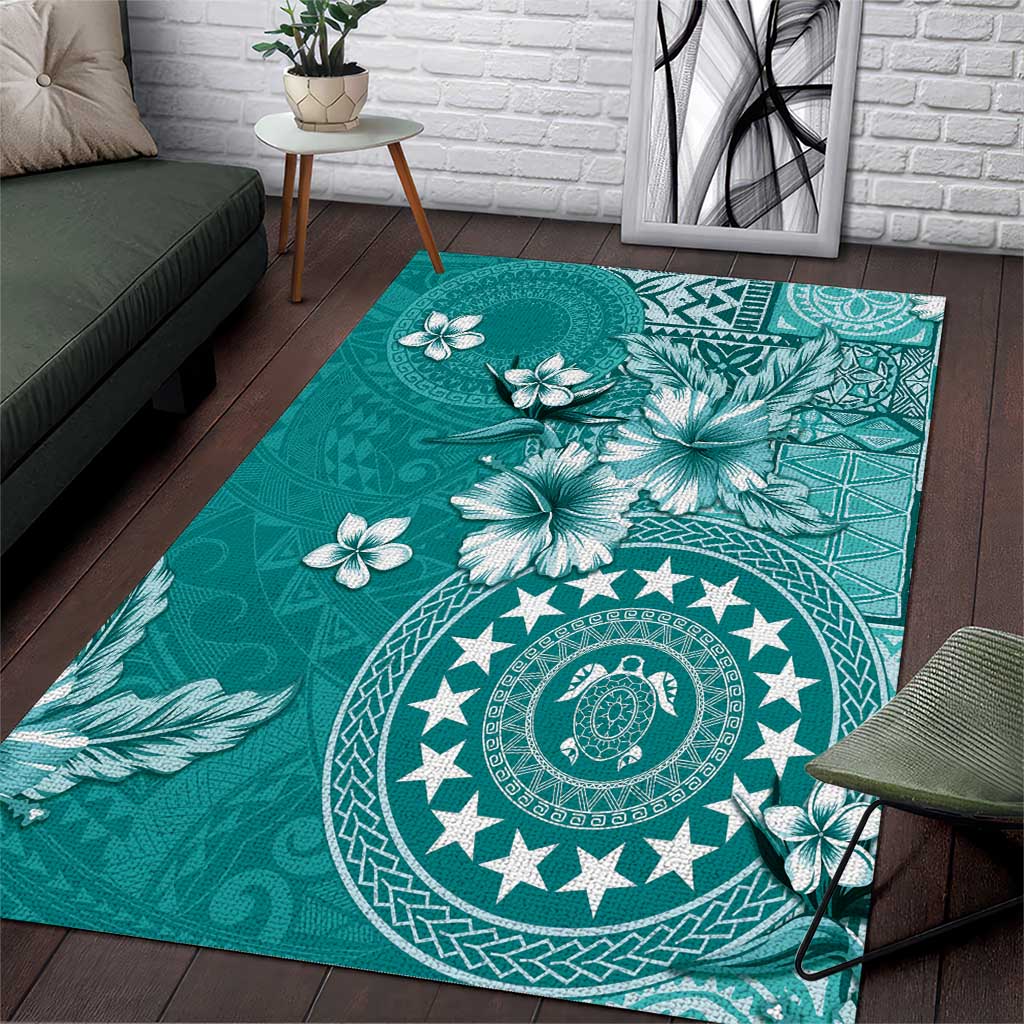 Cook Islands Area Rug Teal Hibiscus And Stars