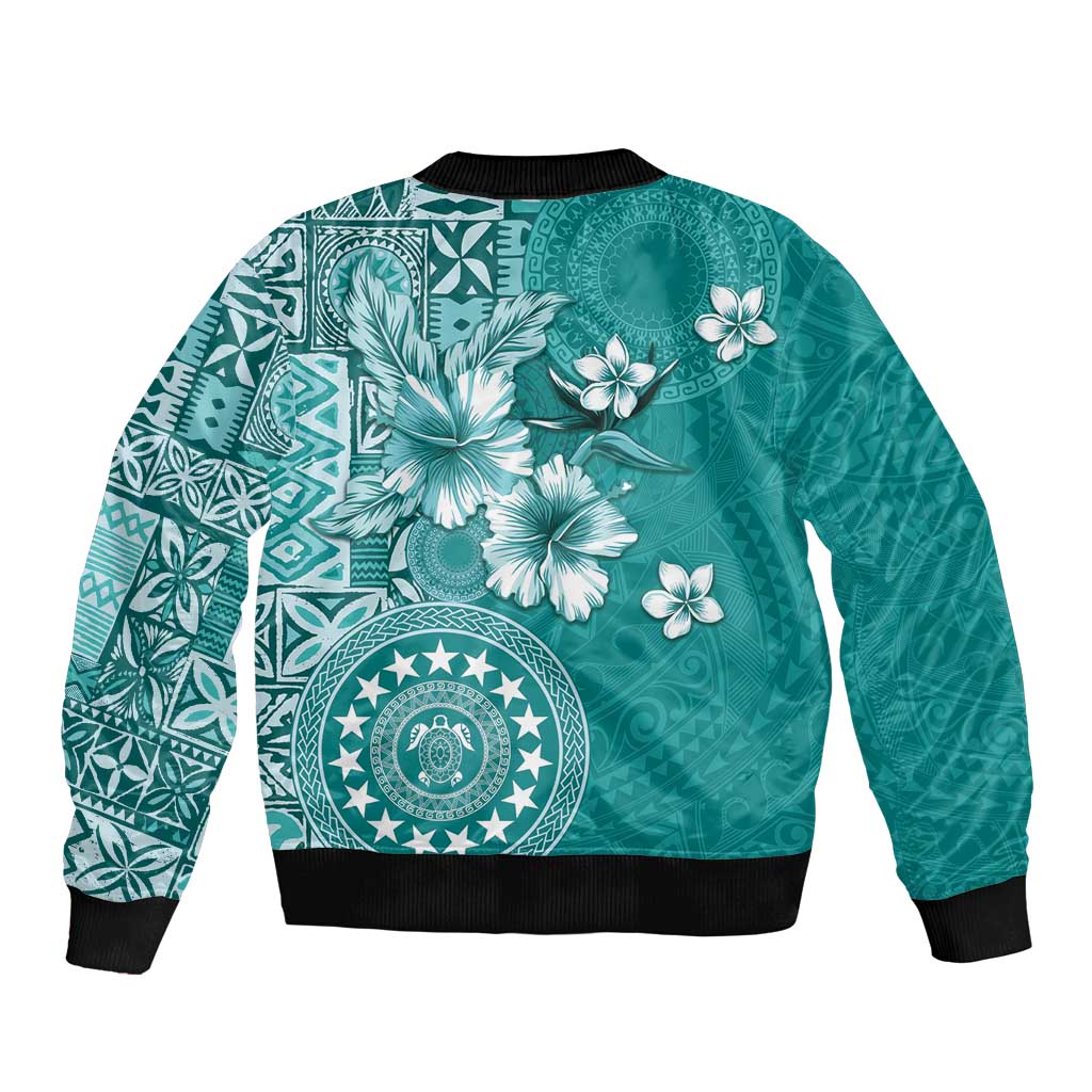 Cook Islands Bomber Jacket Teal Hibiscus And Stars