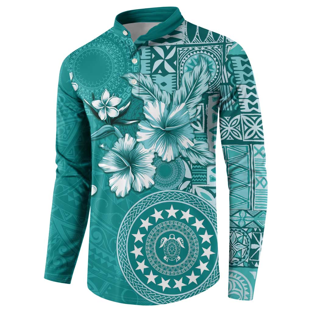 Cook Islands Button Sweatshirt Teal Hibiscus And Stars