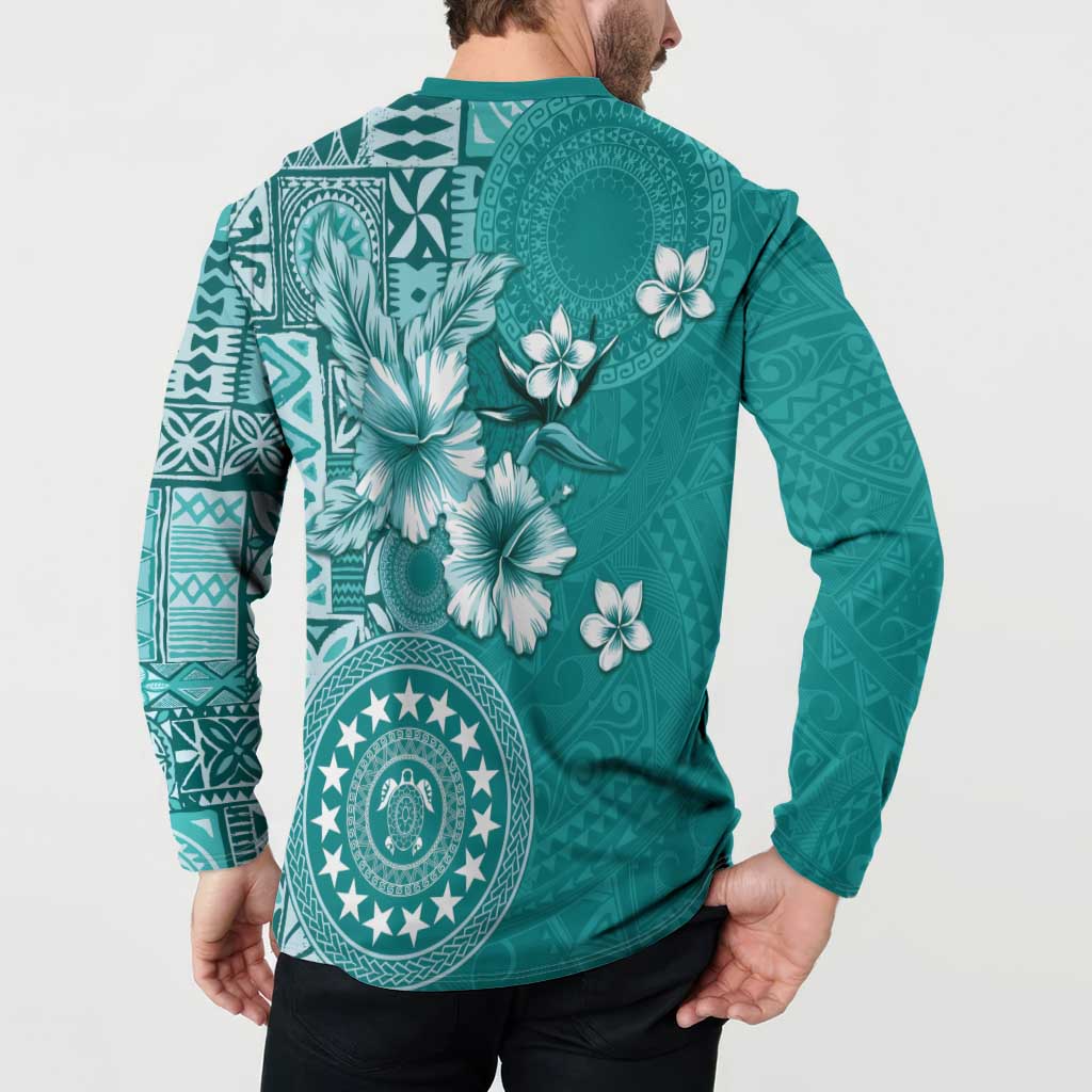 Cook Islands Button Sweatshirt Teal Hibiscus And Stars