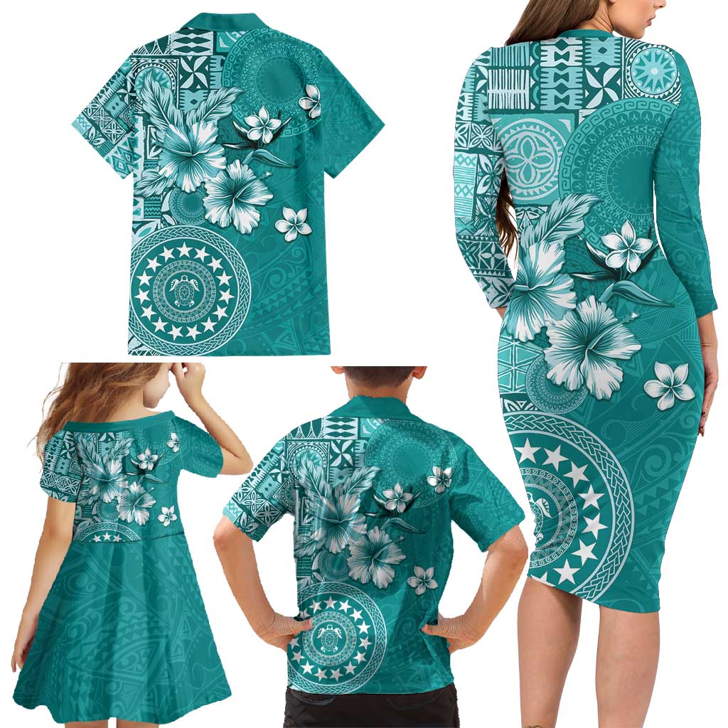 Cook Islands Family Matching Long Sleeve Bodycon Dress and Hawaiian Shirt Teal Hibiscus And Stars LT05 - Polynesian Pride