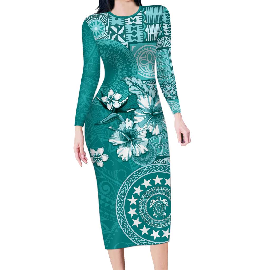 Cook Islands Family Matching Long Sleeve Bodycon Dress and Hawaiian Shirt Teal Hibiscus And Stars LT05 Mom's Dress Teal - Polynesian Pride