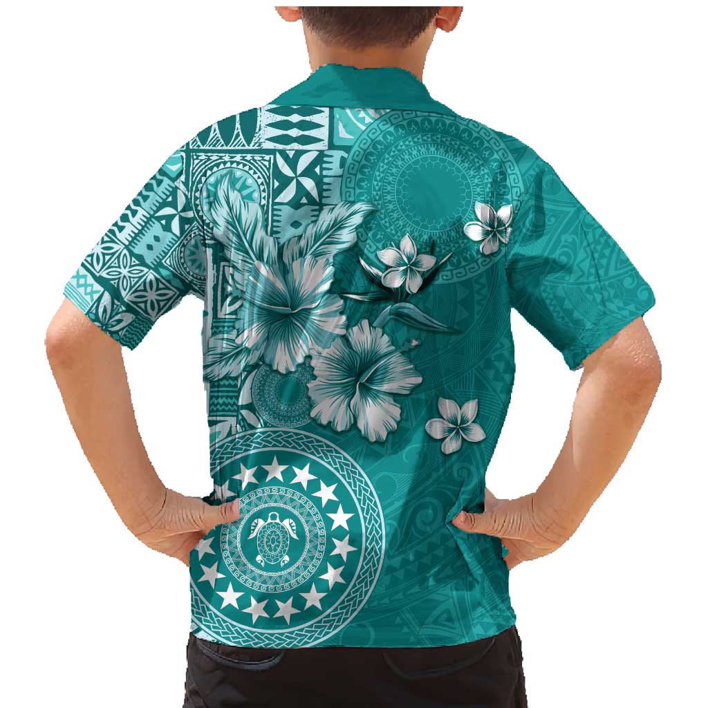 Cook Islands Family Matching Mermaid Dress and Hawaiian Shirt Teal Hibiscus And Stars LT05 - Polynesian Pride