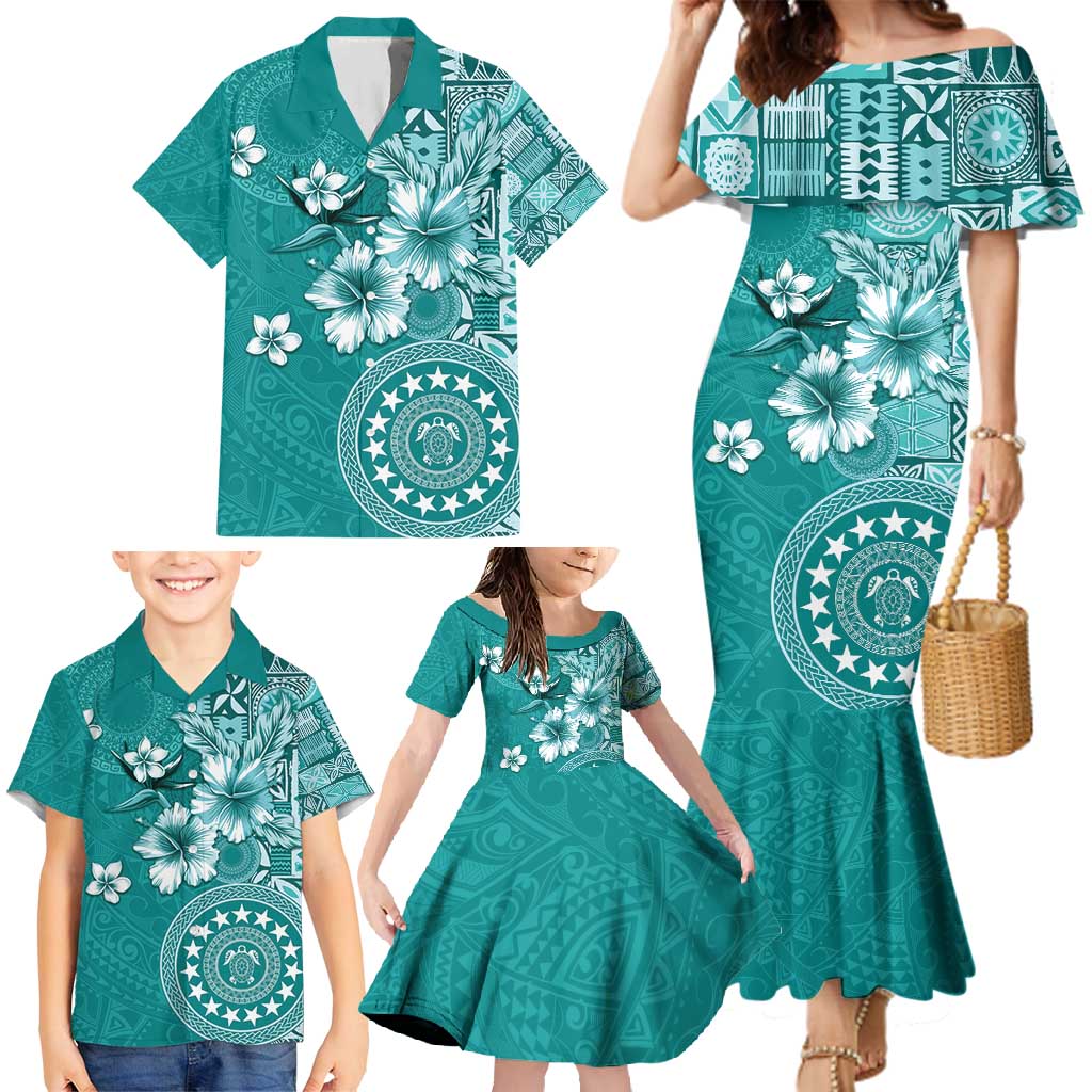 Cook Islands Family Matching Mermaid Dress and Hawaiian Shirt Teal Hibiscus And Stars LT05 - Polynesian Pride