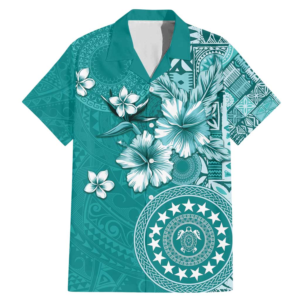 Cook Islands Family Matching Mermaid Dress and Hawaiian Shirt Teal Hibiscus And Stars LT05 Dad's Shirt - Short Sleeve Teal - Polynesian Pride