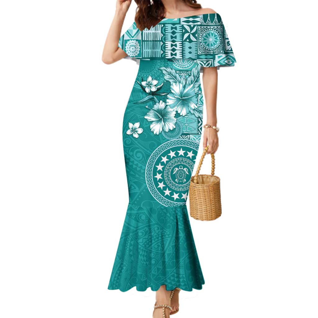 Cook Islands Family Matching Mermaid Dress and Hawaiian Shirt Teal Hibiscus And Stars LT05 Mom's Dress Teal - Polynesian Pride