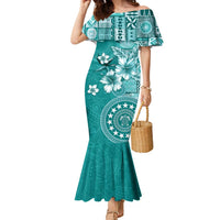 Cook Islands Family Matching Mermaid Dress and Hawaiian Shirt Teal Hibiscus And Stars LT05 Mom's Dress Teal - Polynesian Pride