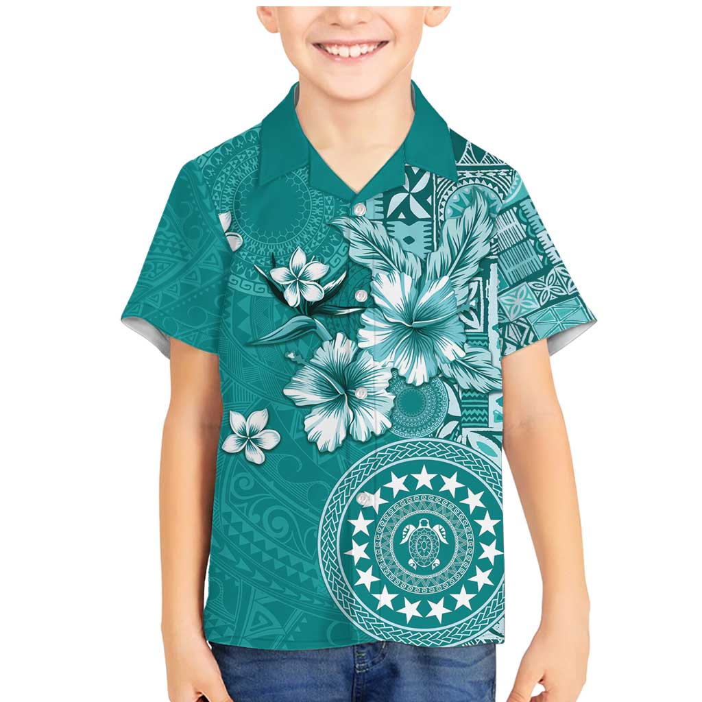 Cook Islands Family Matching Mermaid Dress and Hawaiian Shirt Teal Hibiscus And Stars LT05 Son's Shirt Teal - Polynesian Pride