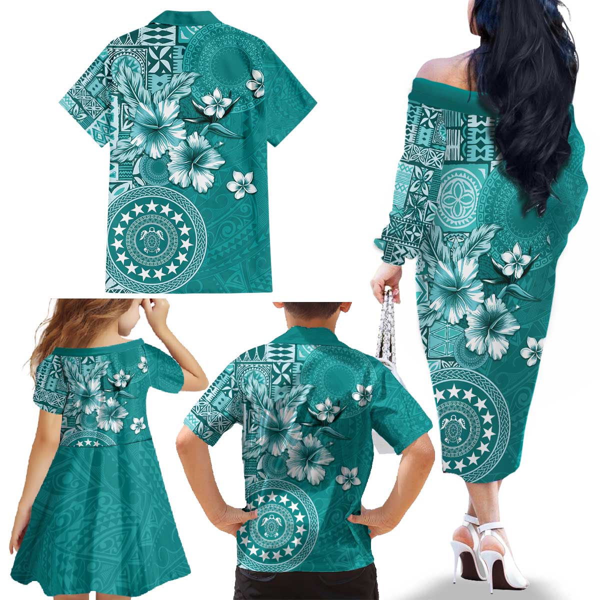 Cook Islands Family Matching Off The Shoulder Long Sleeve Dress and Hawaiian Shirt Teal Hibiscus And Stars LT05 - Polynesian Pride