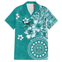 Cook Islands Family Matching Off The Shoulder Long Sleeve Dress and Hawaiian Shirt Teal Hibiscus And Stars LT05 Dad's Shirt - Short Sleeve Teal - Polynesian Pride