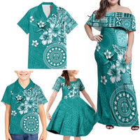 Cook Islands Family Matching Off Shoulder Maxi Dress and Hawaiian Shirt Teal Hibiscus And Stars LT05 - Polynesian Pride