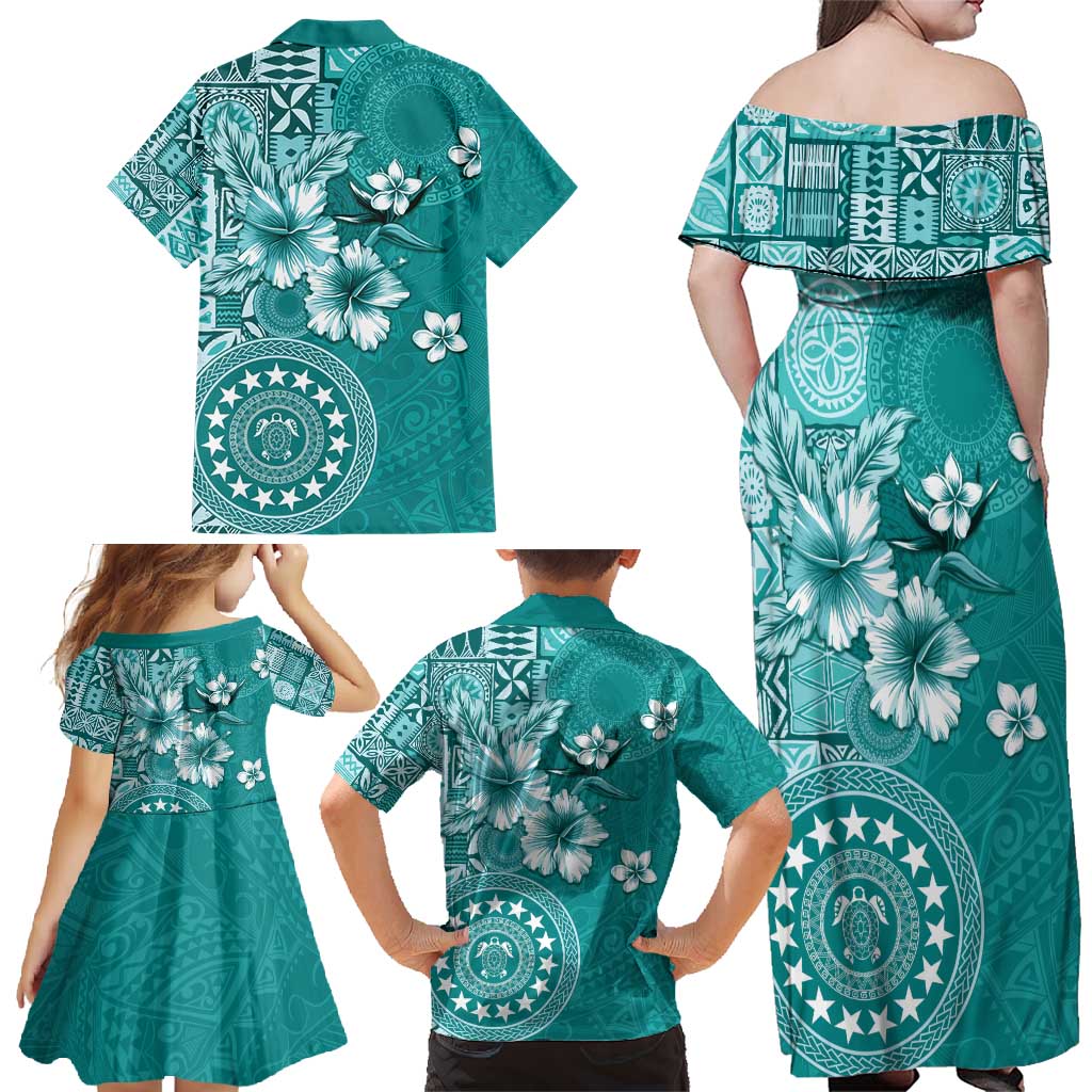 Cook Islands Family Matching Off Shoulder Maxi Dress and Hawaiian Shirt Teal Hibiscus And Stars LT05 - Polynesian Pride