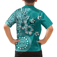 Cook Islands Family Matching Off Shoulder Short Dress and Hawaiian Shirt Teal Hibiscus And Stars LT05 - Polynesian Pride