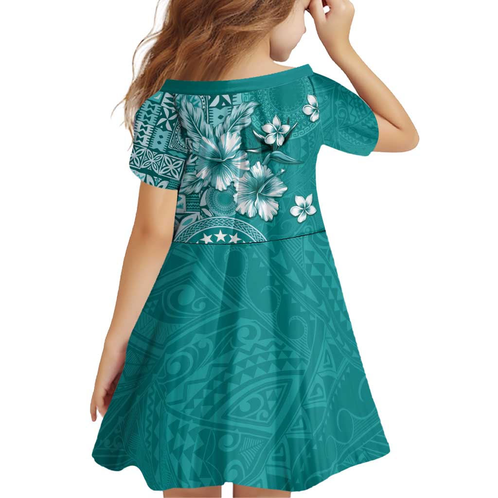 Cook Islands Family Matching Off Shoulder Short Dress and Hawaiian Shirt Teal Hibiscus And Stars LT05 - Polynesian Pride