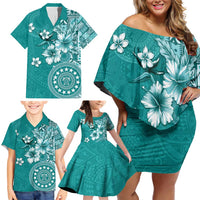 Cook Islands Family Matching Off Shoulder Short Dress and Hawaiian Shirt Teal Hibiscus And Stars LT05 - Polynesian Pride