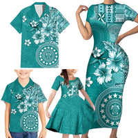 Cook Islands Family Matching Short Sleeve Bodycon Dress and Hawaiian Shirt Teal Hibiscus And Stars LT05 - Polynesian Pride