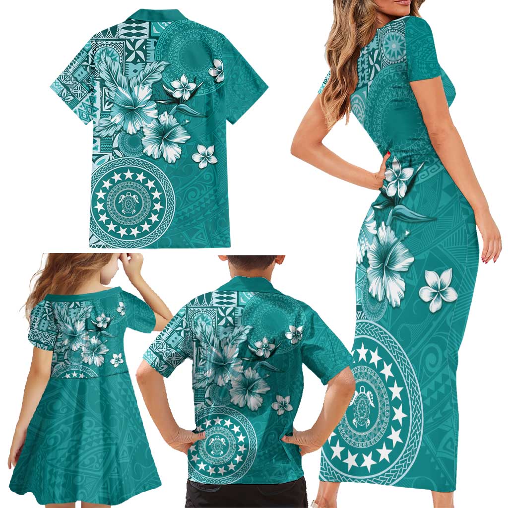 Cook Islands Family Matching Short Sleeve Bodycon Dress and Hawaiian Shirt Teal Hibiscus And Stars LT05 - Polynesian Pride