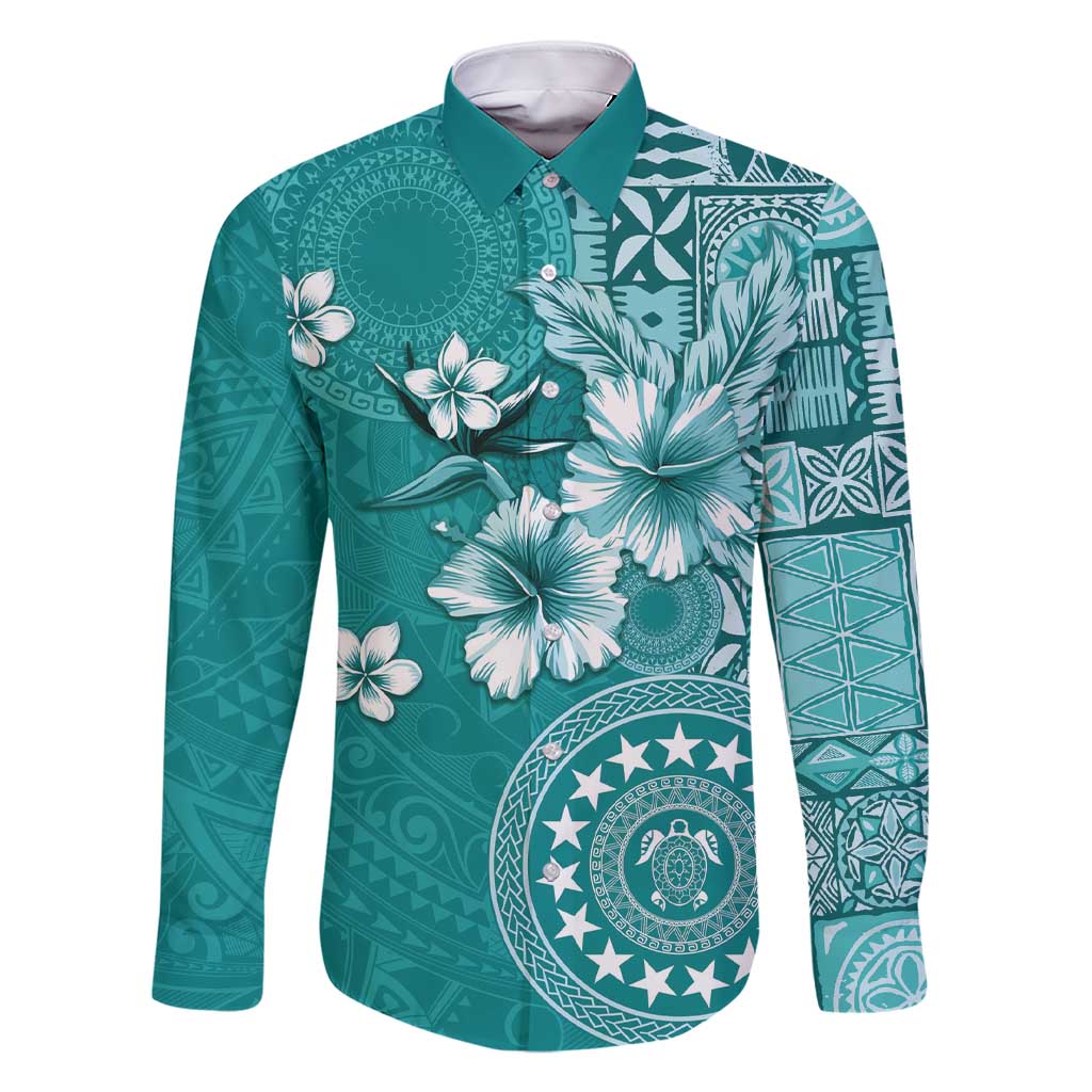 Cook Islands Family Matching Short Sleeve Bodycon Dress and Hawaiian Shirt Teal Hibiscus And Stars LT05 Dad's Shirt - Long Sleeve Teal - Polynesian Pride