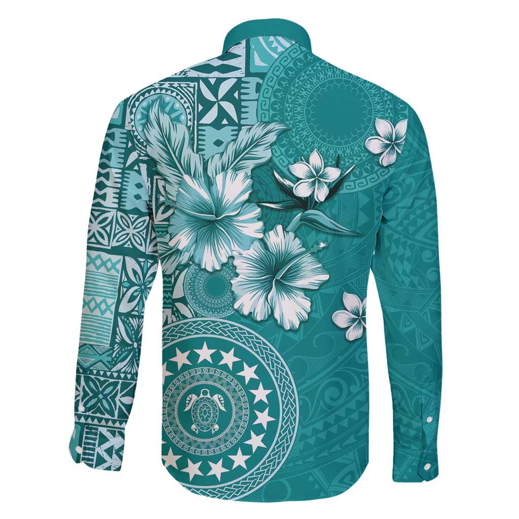 Cook Islands Family Matching Short Sleeve Bodycon Dress and Hawaiian Shirt Teal Hibiscus And Stars LT05 - Polynesian Pride