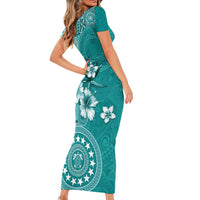 Cook Islands Family Matching Short Sleeve Bodycon Dress and Hawaiian Shirt Teal Hibiscus And Stars LT05 - Polynesian Pride
