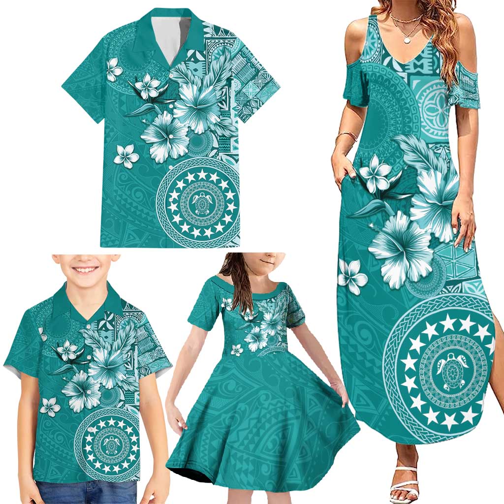Cook Islands Family Matching Summer Maxi Dress and Hawaiian Shirt Teal Hibiscus And Stars LT05 - Polynesian Pride