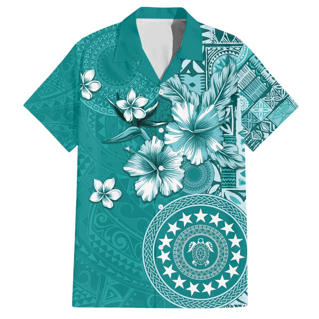 Cook Islands Family Matching Summer Maxi Dress and Hawaiian Shirt Teal Hibiscus And Stars LT05 Dad's Shirt - Short Sleeve Teal - Polynesian Pride