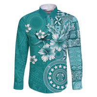 Cook Islands Family Matching Summer Maxi Dress and Hawaiian Shirt Teal Hibiscus And Stars LT05 Dad's Shirt - Long Sleeve Teal - Polynesian Pride