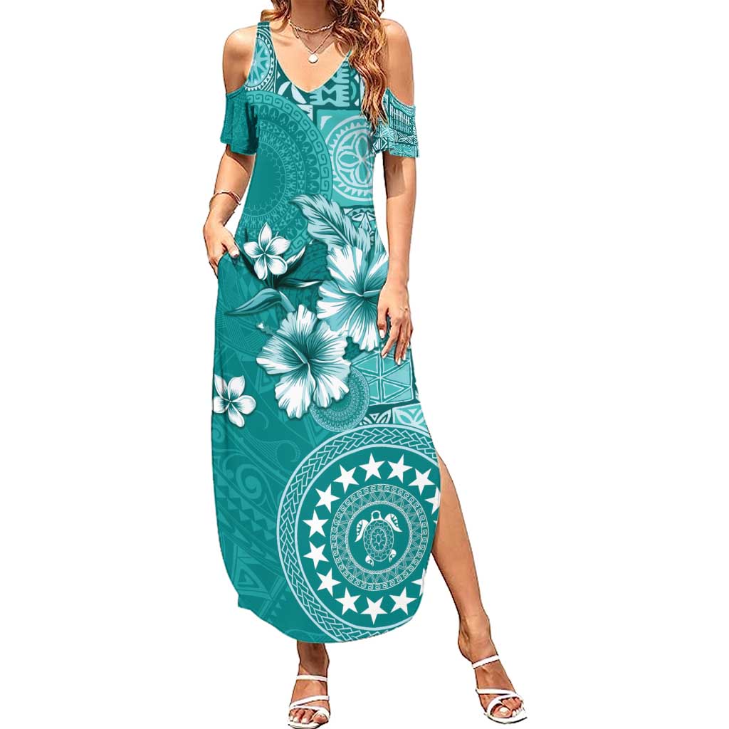 Cook Islands Family Matching Summer Maxi Dress and Hawaiian Shirt Teal Hibiscus And Stars LT05 Mom's Dress Teal - Polynesian Pride