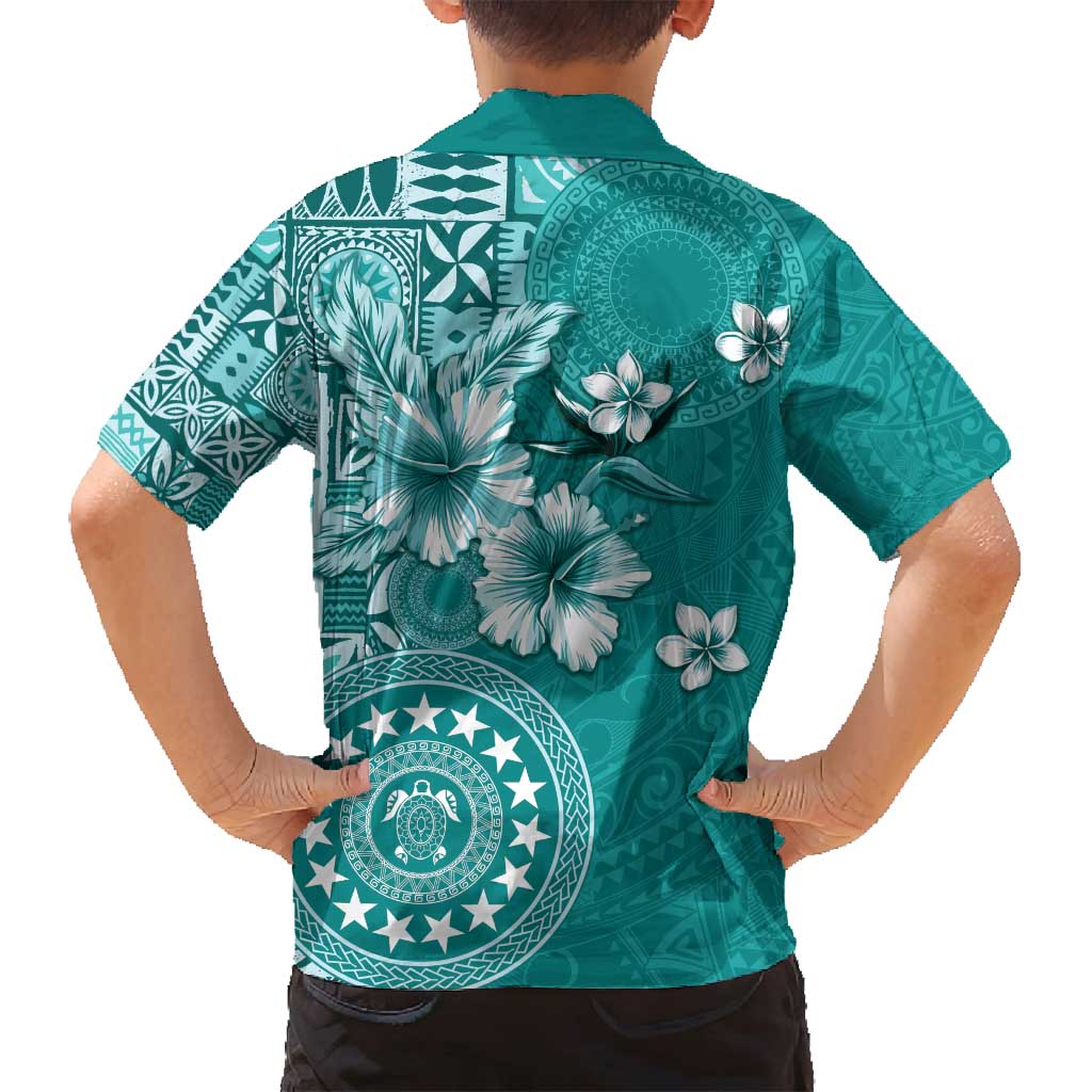 Cook Islands Family Matching Tank Maxi Dress and Hawaiian Shirt Teal Hibiscus And Stars LT05 - Polynesian Pride