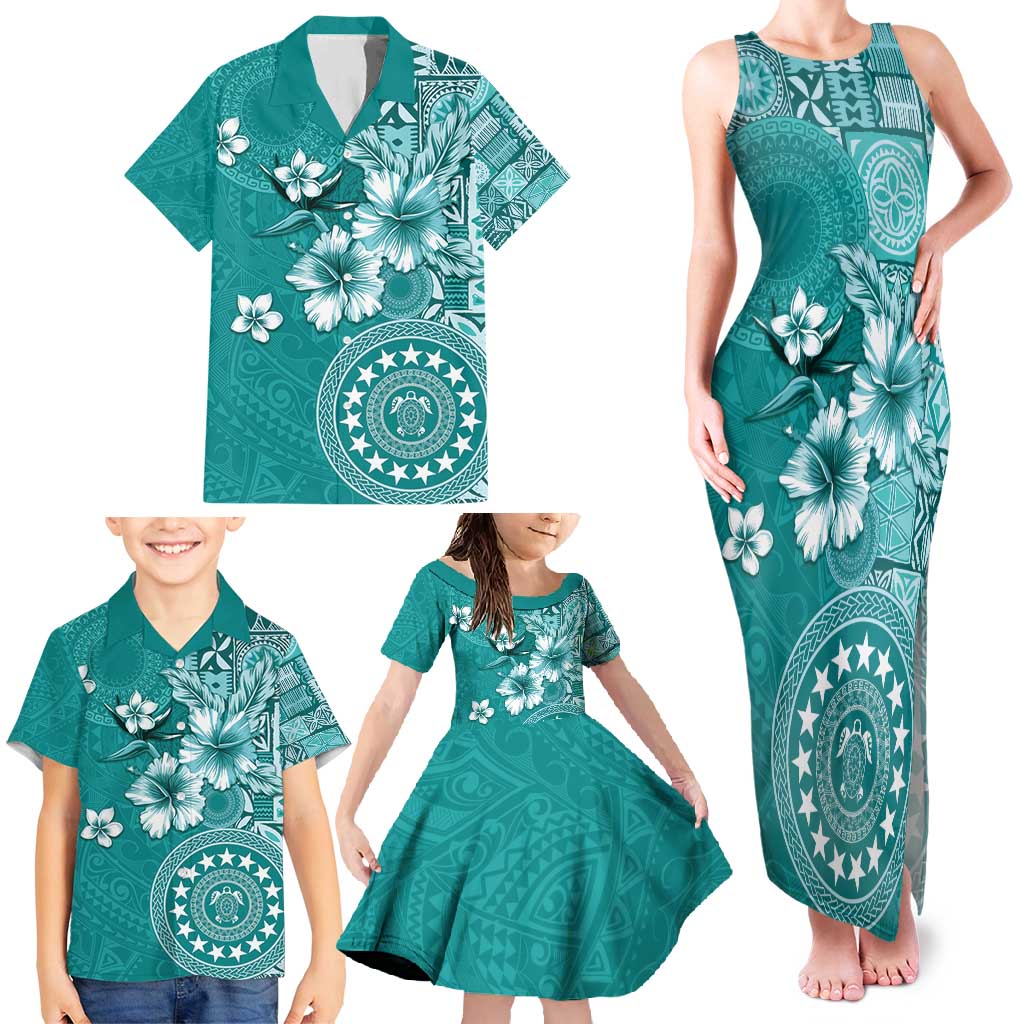Cook Islands Family Matching Tank Maxi Dress and Hawaiian Shirt Teal Hibiscus And Stars LT05 - Polynesian Pride