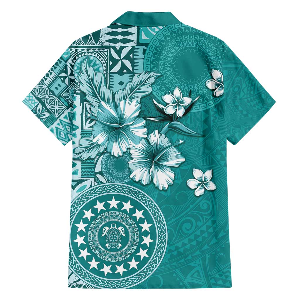 Cook Islands Family Matching Tank Maxi Dress and Hawaiian Shirt Teal Hibiscus And Stars LT05 - Polynesian Pride