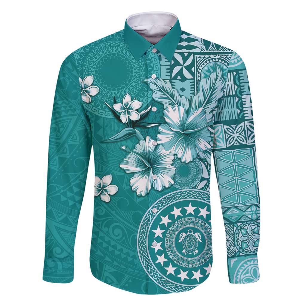 Cook Islands Family Matching Tank Maxi Dress and Hawaiian Shirt Teal Hibiscus And Stars LT05 Dad's Shirt - Long Sleeve Teal - Polynesian Pride