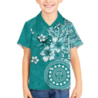 Cook Islands Family Matching Tank Maxi Dress and Hawaiian Shirt Teal Hibiscus And Stars LT05 Son's Shirt Teal - Polynesian Pride