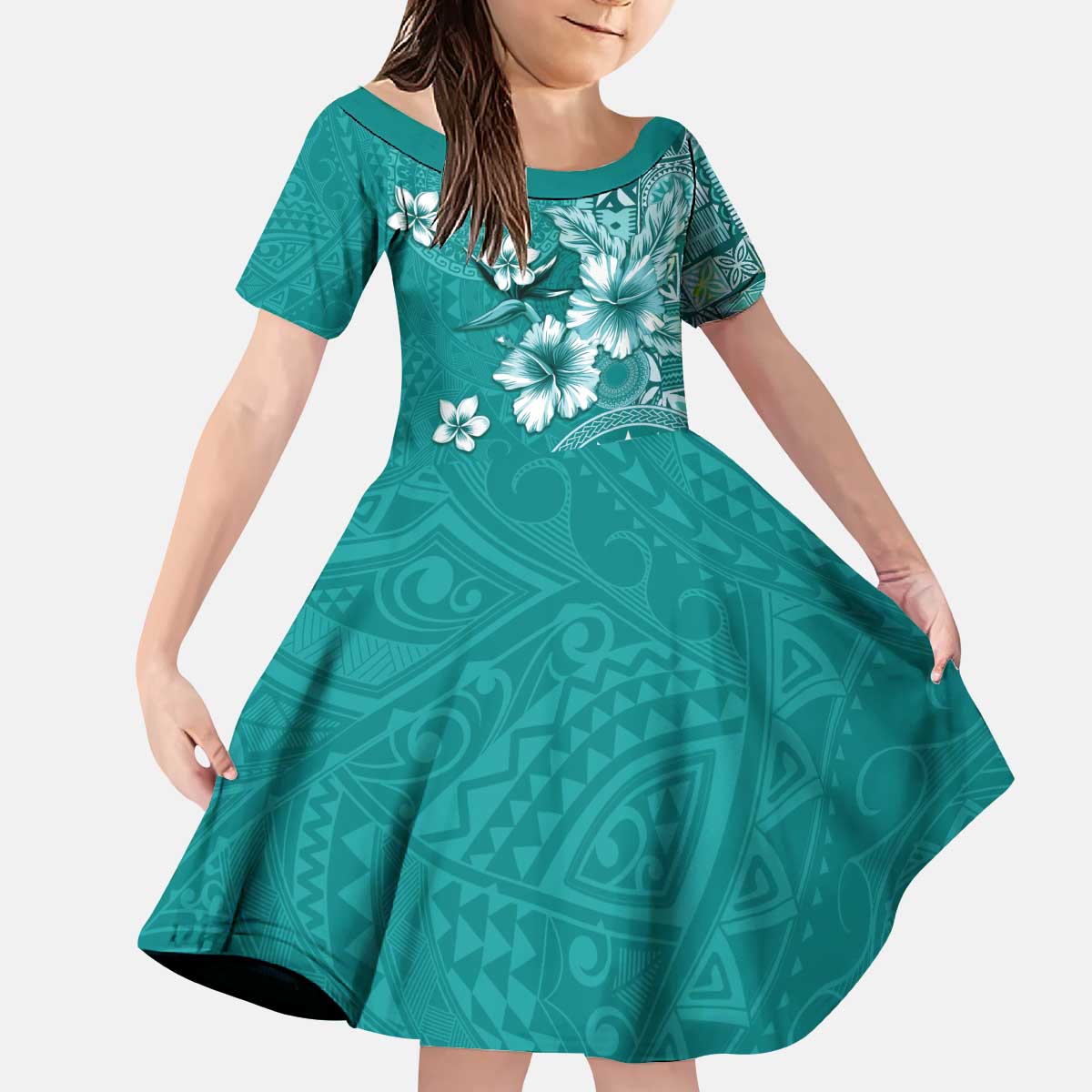 Cook Islands Kid Short Sleeve Dress Teal Hibiscus And Stars