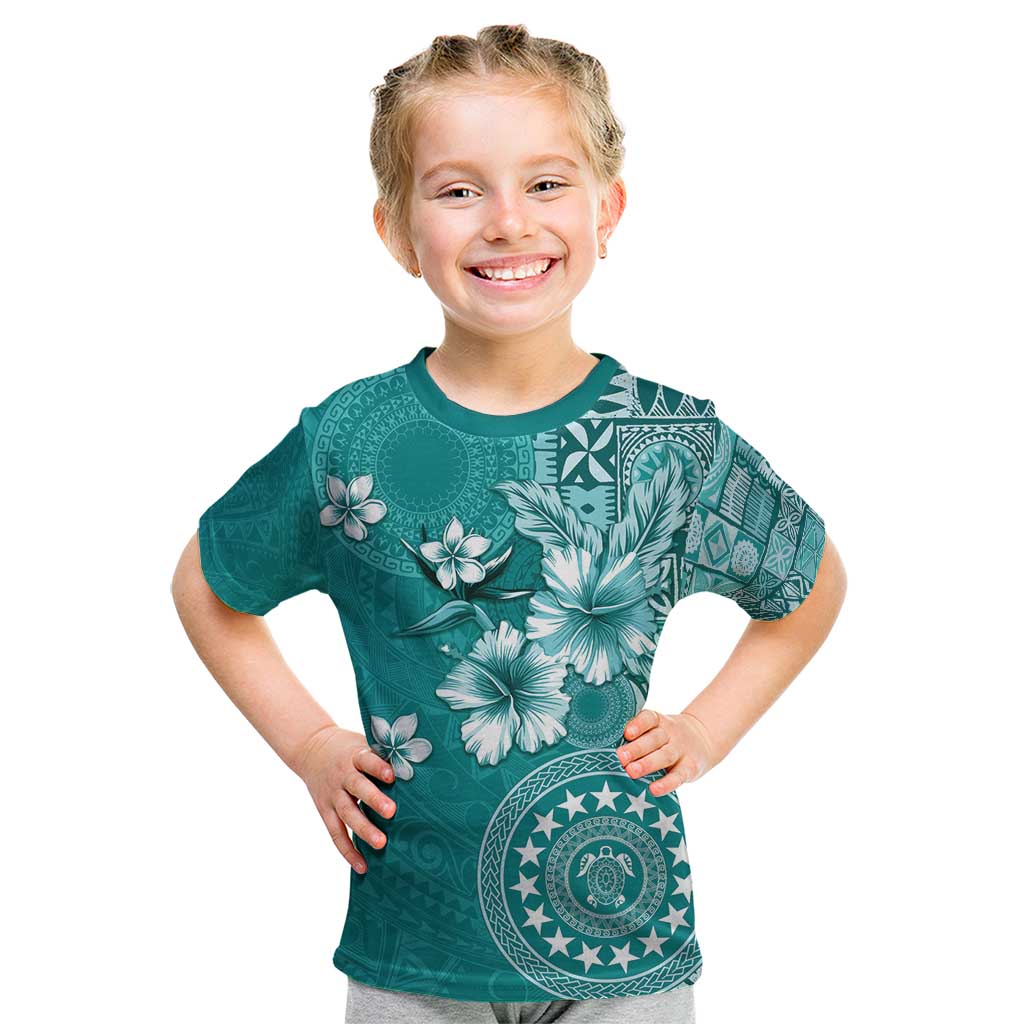 Cook Islands Kid T Shirt Teal Hibiscus And Stars