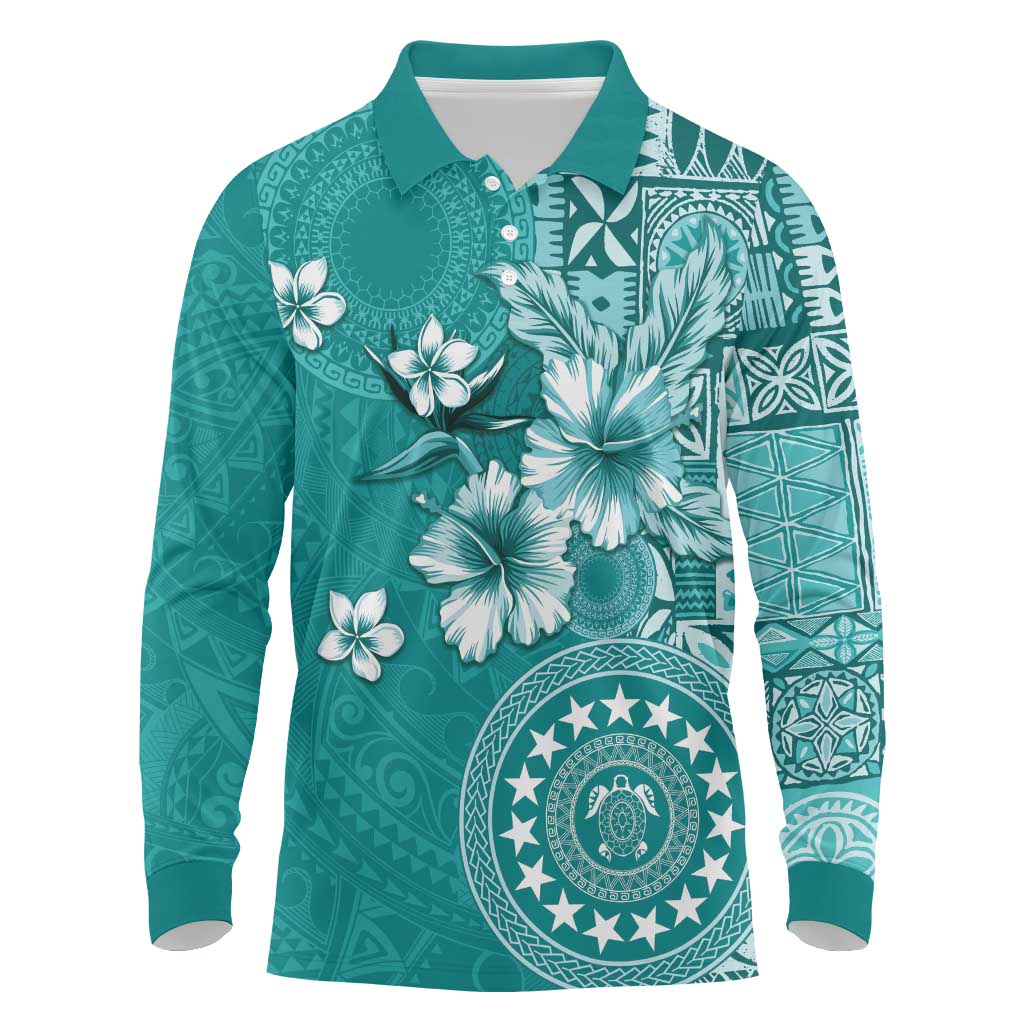 Cook Islands Long Sleeve Polo Shirt Teal Hibiscus And Stars