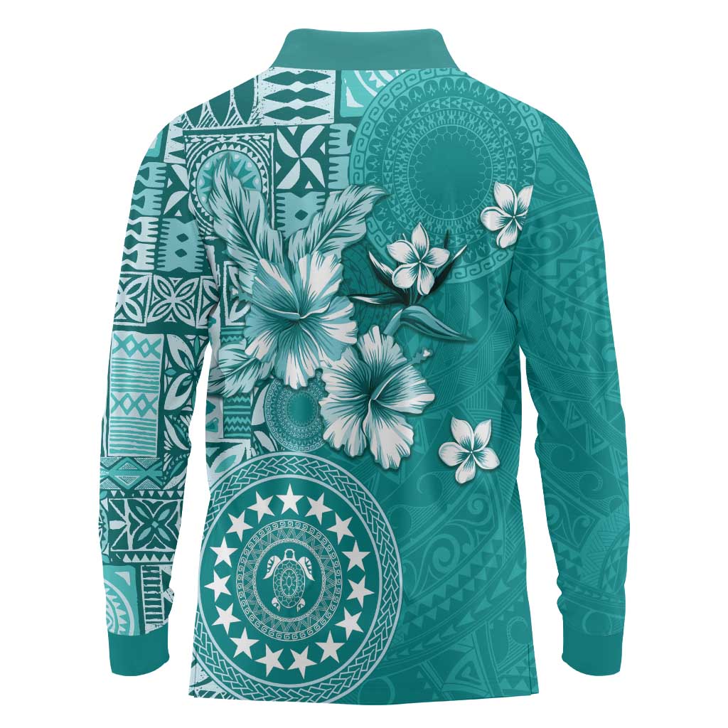 Cook Islands Long Sleeve Polo Shirt Teal Hibiscus And Stars