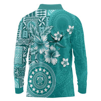 Cook Islands Long Sleeve Polo Shirt Teal Hibiscus And Stars