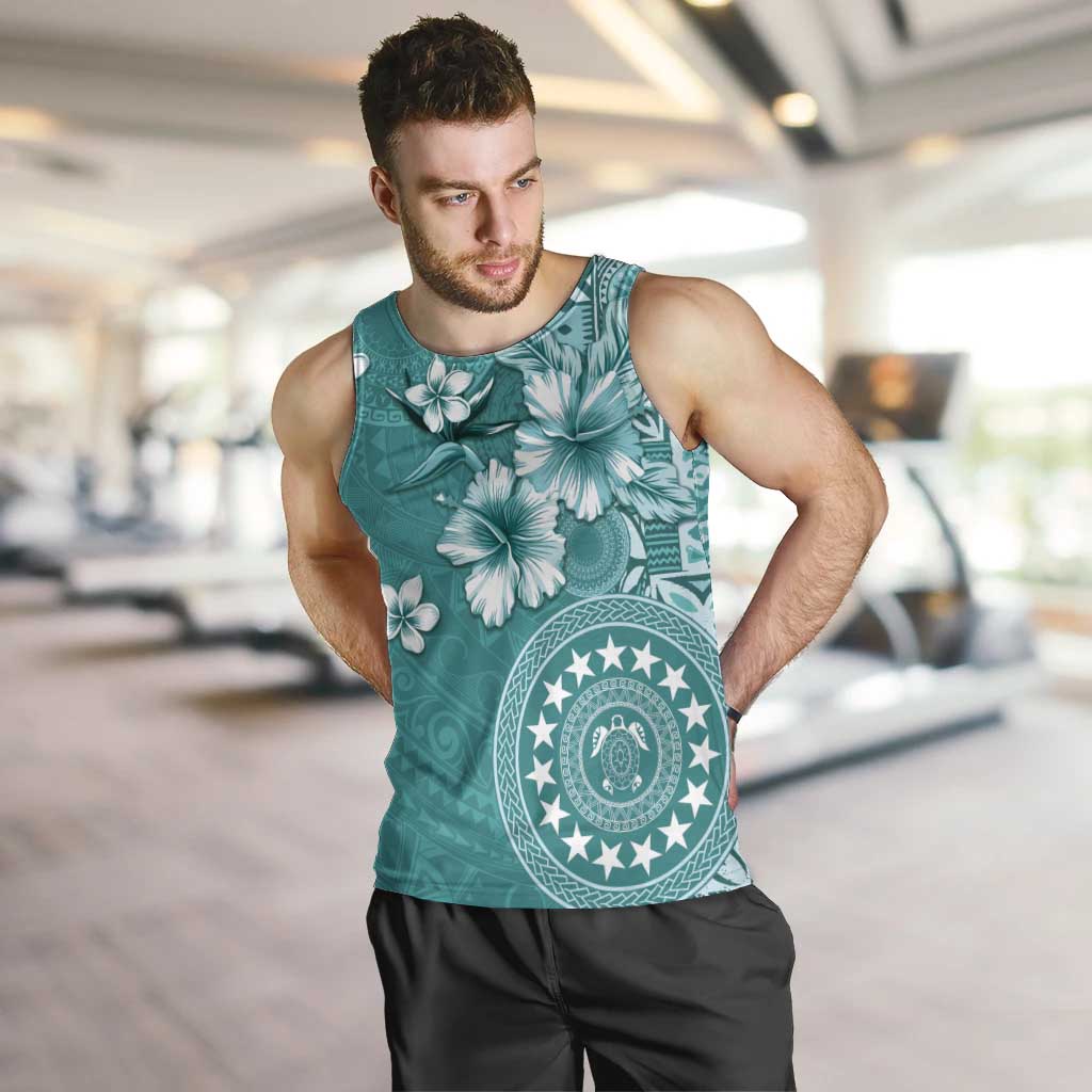 Cook Islands Men Tank Top Teal Hibiscus And Stars