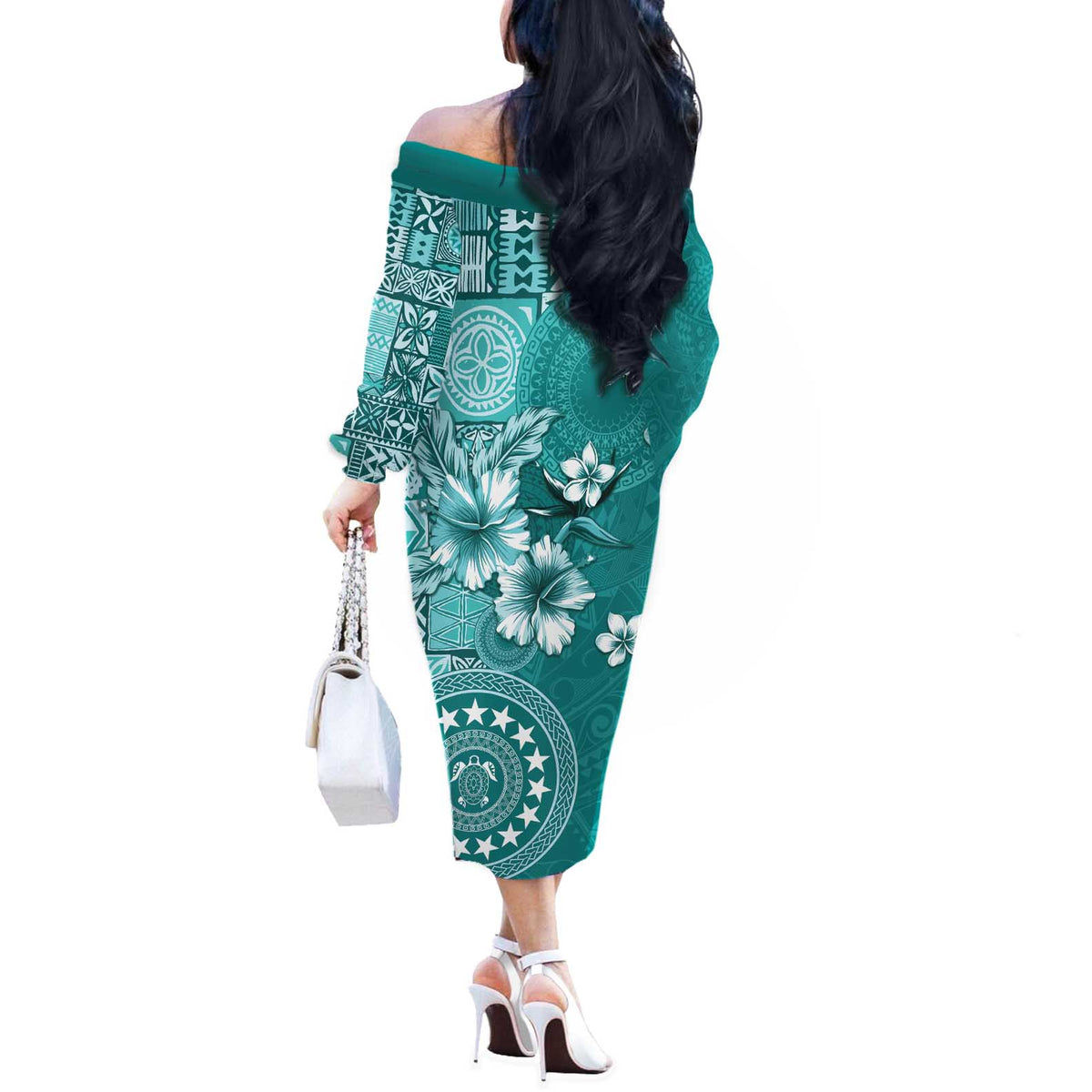 Cook Islands Off The Shoulder Long Sleeve Dress Teal Hibiscus And Stars