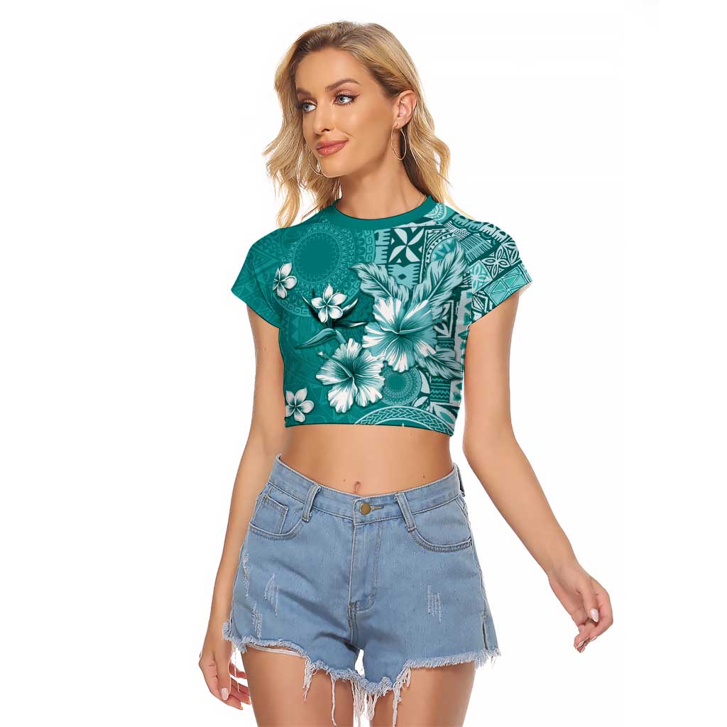 Cook Islands Raglan Cropped T Shirt Teal Hibiscus And Stars