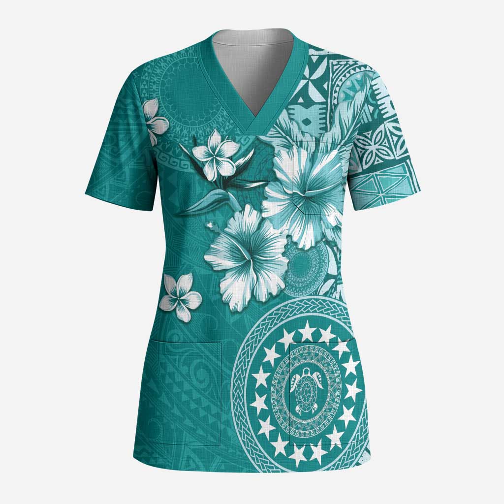 Cook Islands Scrub Top Teal Hibiscus And Stars - Polynesian Pride